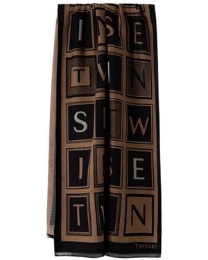 Twinset Logo-Print Frayed Scarf - Black