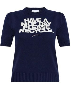 Ganni Slogan-Print Puff-Sleeve T-Shirt - Blue
