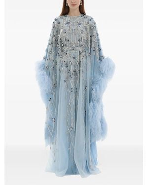 Dina Melwani Crystal-Embroidered Feather Maxi Dress - Blue