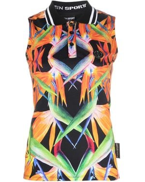 Philipp Plein Floral-Print Sleeveless Cotton Polo Shirt - White