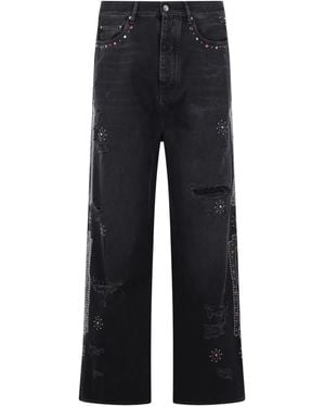 Amiri Studded Ripped Wide-Leg Jeans - Blue