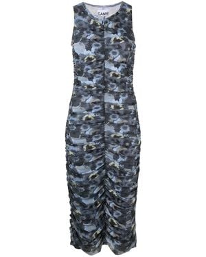 Ganni Floral-print Ruched Midi Dress - Blue