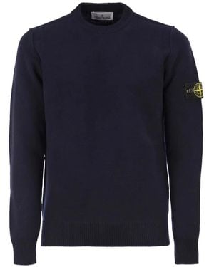 Stone Island 5100072 Lambswool Regular-Fit Crewneck Sweater With Ribbed Trims - Blue