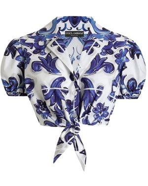Dolce & Gabbana Majolica-Print Puff-Sleeve Top - Blue