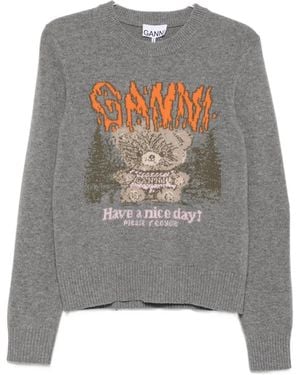 Ganni Graphic-Intarsia Sweater - Gray