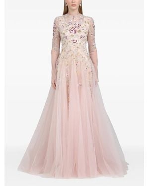 Dina Melwani Leaf-Embroidered Gown Maxi Dress - Pink
