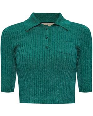 Gucci Ribbed-Lamé Cropped Polo Shirt - Green