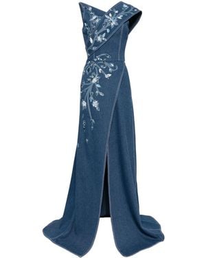 Saiid Kobeisy Denim Dress With Floral Embroidery in Blue | Lyst