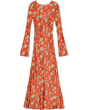 Ganni Floral-Print Satin Maxi Dress - Red