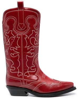 Ganni Western-Style Leather Boots - Red