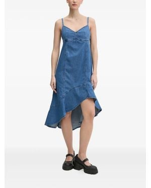 Desigual Asymmetric Ruffled Denim Midi Dress - Blue