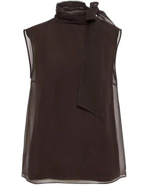 Brunello Cucinelli Silk Pussybow Sleeveless Top - Brown