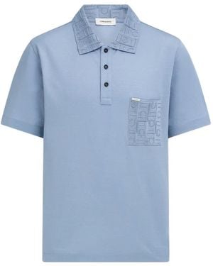 Ferragamo V-Neck Polo With Jacquard Pocket Detail - Blue