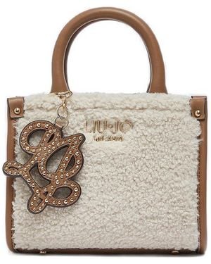 Liu Jo Faux-Shearling Logo-Plaque Tote Bag - Natural