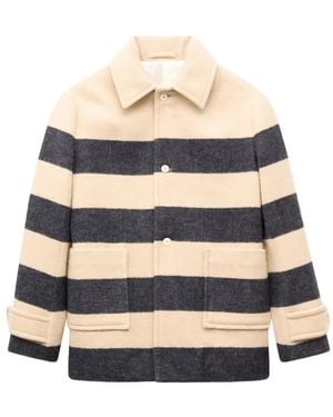 KENZO Striped Polo-Collar Coat - White