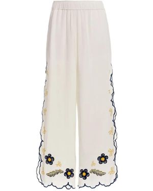 Agua Bendita Winter Moras Floral-Embroidered Scalloped Trousers - White
