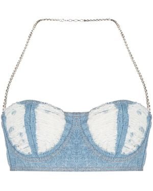 Gcds Ribbed Washed-Denim Crop Top - Blue
