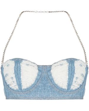 Gcds Ribbed Washed-Denim Crop Top - Blue