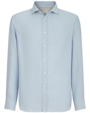 Brunello Cucinelli Cotton And Cashmere Denim-Effect Diagonal Shirt With Spread Collar - Blue