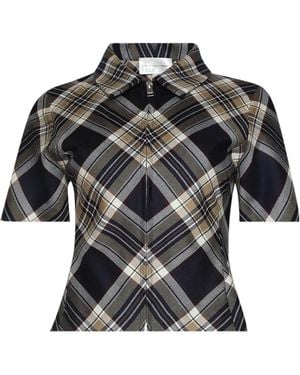 FRAME Plaid Zip Short-Sleeve Top - Gray