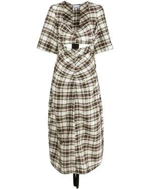Ganni Ruched Plaid Midi Dress - Black