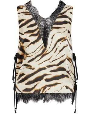 Ganni Animal-Print Lace-Trim Top - White