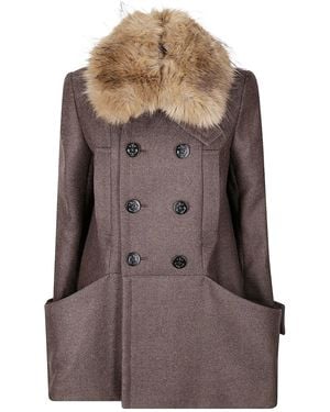Sacai Fur-Collar Double-Breasted Wool Coat - Brown
