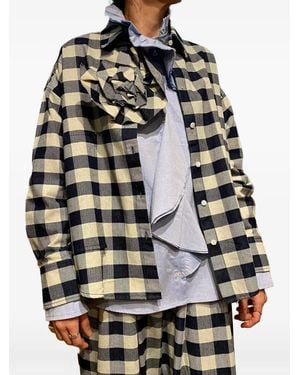 Psophia Check-Print Floral-Appliqué Shirt - Grey
