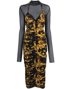 Versace Jeans Couture Barocco-Print Ruched Midi Dress - Black
