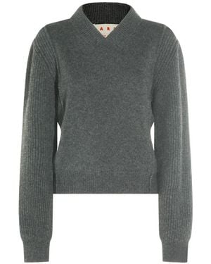 Marni Ribbed-Knit V-Neck Jumper - Grey
