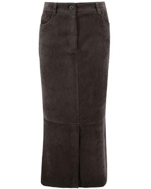 D.exterior Corduroy Front-Slit Midi Skirt - Brown