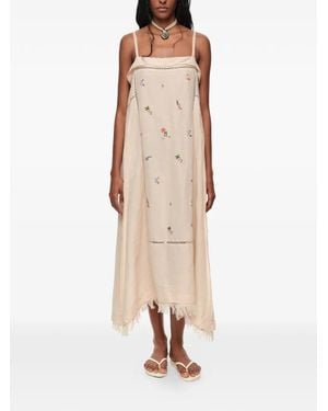 Bimba Y Lola Sand Linen A-Line Mini Dress With Embroidery - Natural