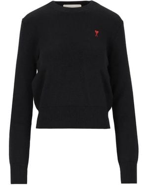 Ami Paris Crewneck Wool Jumper With Ami De Coeur - Black