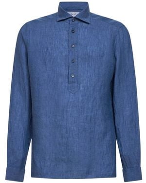 D4.0 Button-Placket Long-Sleeve Polo Shirt - Blue