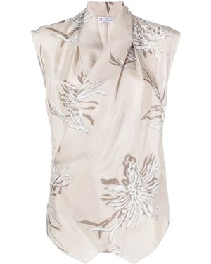 Brunello Cucinelli Abstract-Print Silk Blouse - White