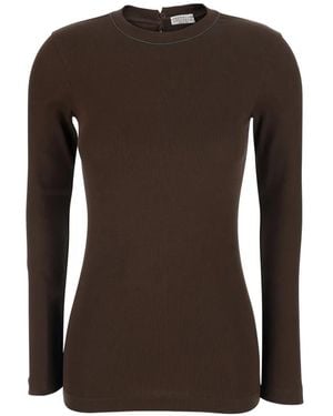 Brunello Cucinelli Monili-Trim Long-Sleeve T-Shirt - Brown