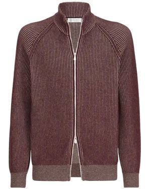 Brunello Cucinelli Cashmere Vanisé English Rib High-Neck Cardigan With Zipper - Brown