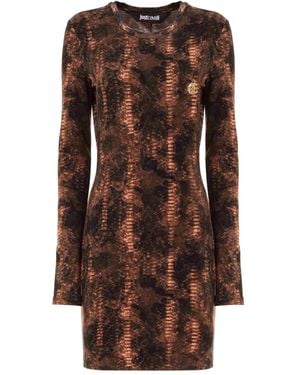 Just Cavalli Snakeskin-Print Long-Sleeve Mini Dress - Brown