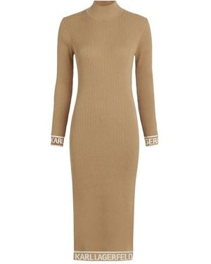 KARL LAGERFELD Logo-Trim Ribbed Midi Dress - Natural