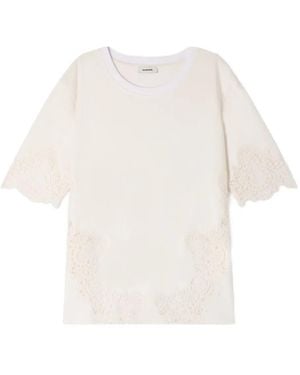 Sandro Cotton T-Shirt With Lace Detail - White