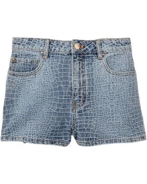 Self-Portrait Rhinestone Croc Effect Denim Shorts - Blue