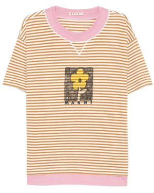 Marni Gestreept T-Shirt Met Bloemenprint - Wit