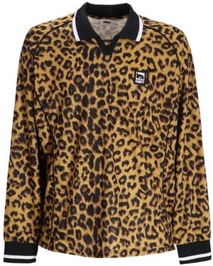 Obey Animal-Print Long Sleeve Polo Shirt - Brown