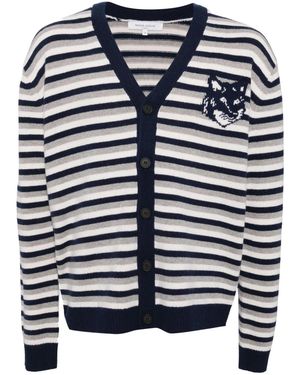 Maison Kitsuné Fox Head Intarsia Striped Cardigan - Blue