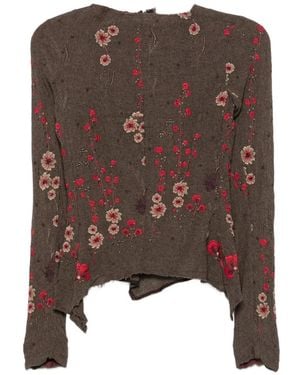 Marc Le Bihan Floral-Embroidered Raw-Edge Top - Brown