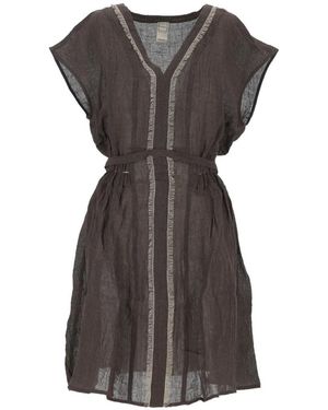 120% Lino Robe Courte Ceinturée À Bords Effilochés - Grey