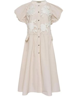 Caroline Hu Floral-embroidered Puff-sleeve Midi Dress - Natural