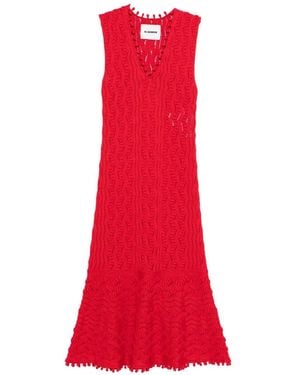 Jil Sander Pom-Pom V-Neck Midi Dress - Red