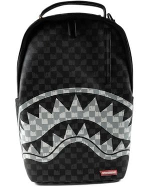 Sprayground Check-Pattern Shark-Print Backpack - Black