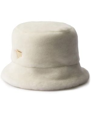 Prada Shearling Triangle Logo Bucket Hat - Natural